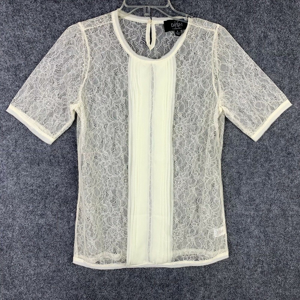 DASH by Kardashian Lace Blouse Women Small Ivory Short Sleeve Silk-like